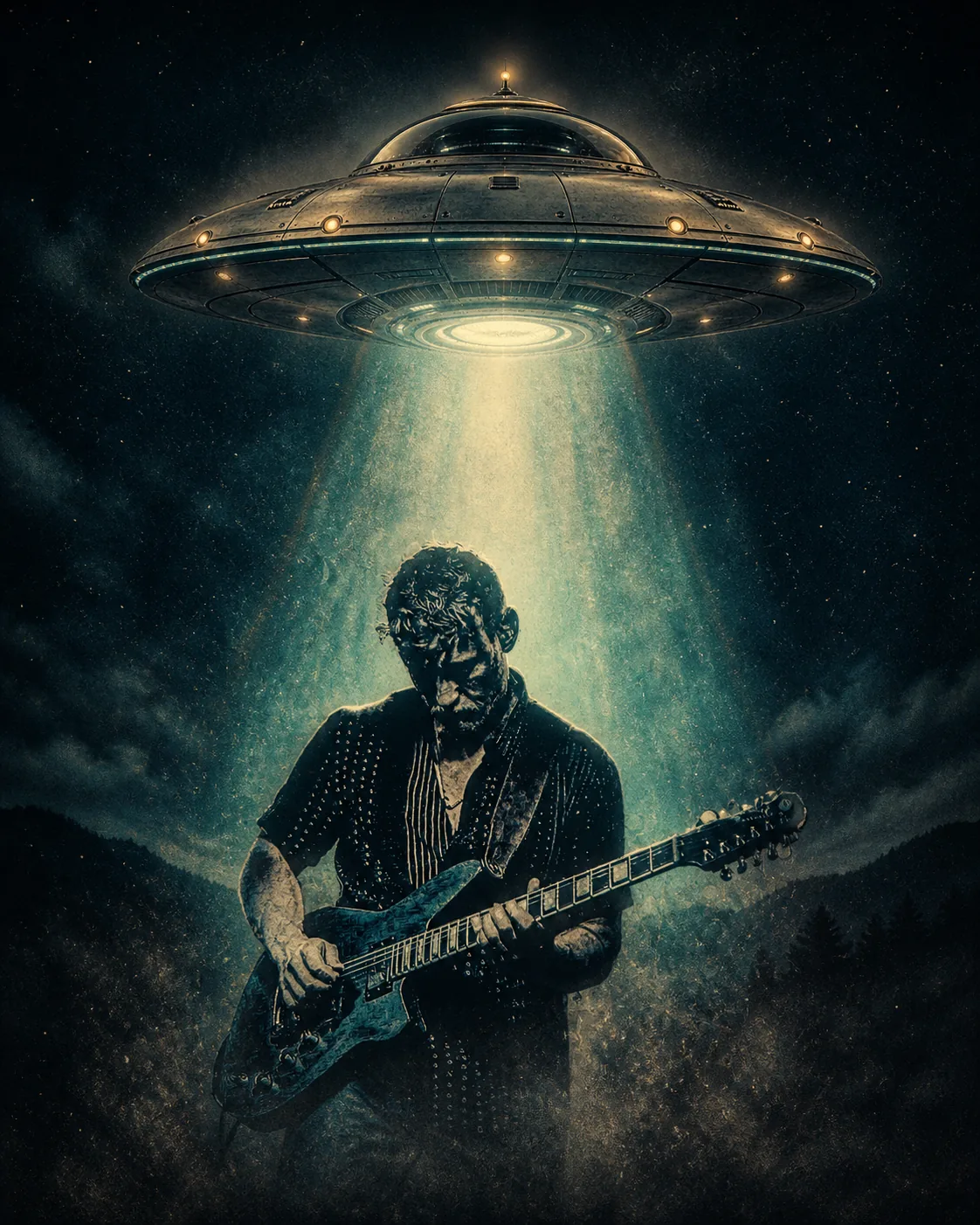 Easton Thomas performing with an acoustic guitar beneath a stylized spacecraft beam