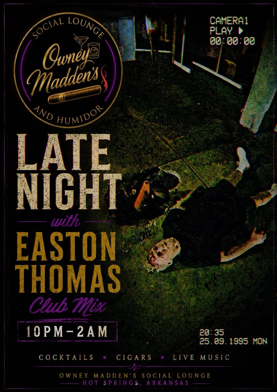 Late Night with Easton Thomas event poster for Owney Madden’s