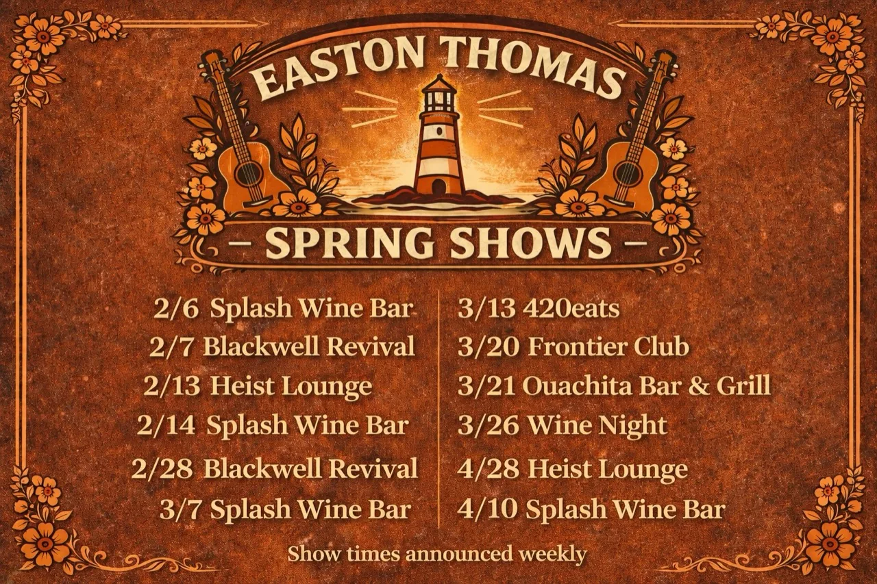 Easton Thomas spring shows poster listing February through April appearances