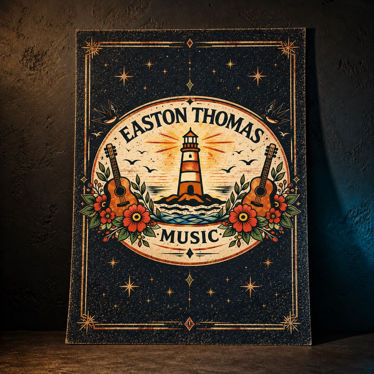 Framed navy art poster featuring the Easton Thomas Music lighthouse logo