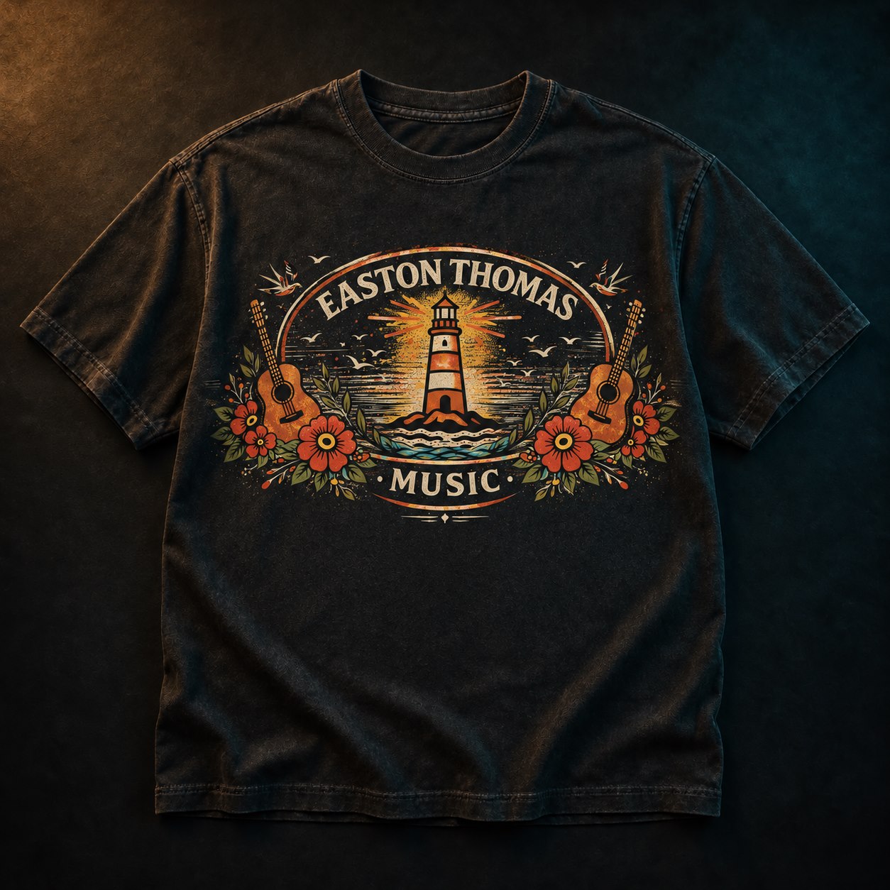 Washed black T-shirt with the Easton Thomas Music lighthouse logo printed across the chest
